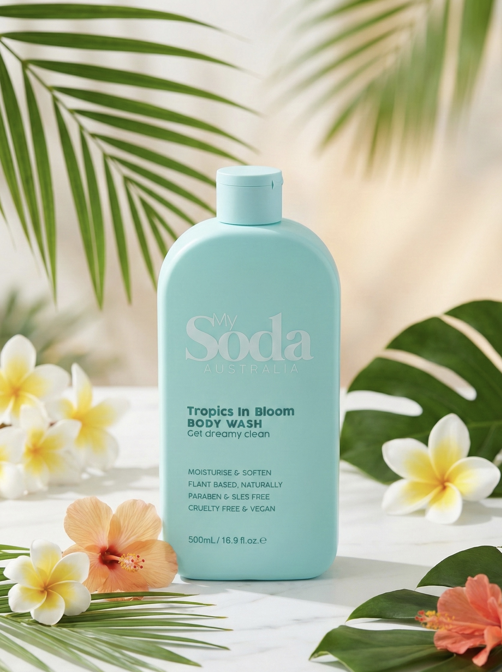 My Soda Tropics in Bloom body wash with tropical flowers