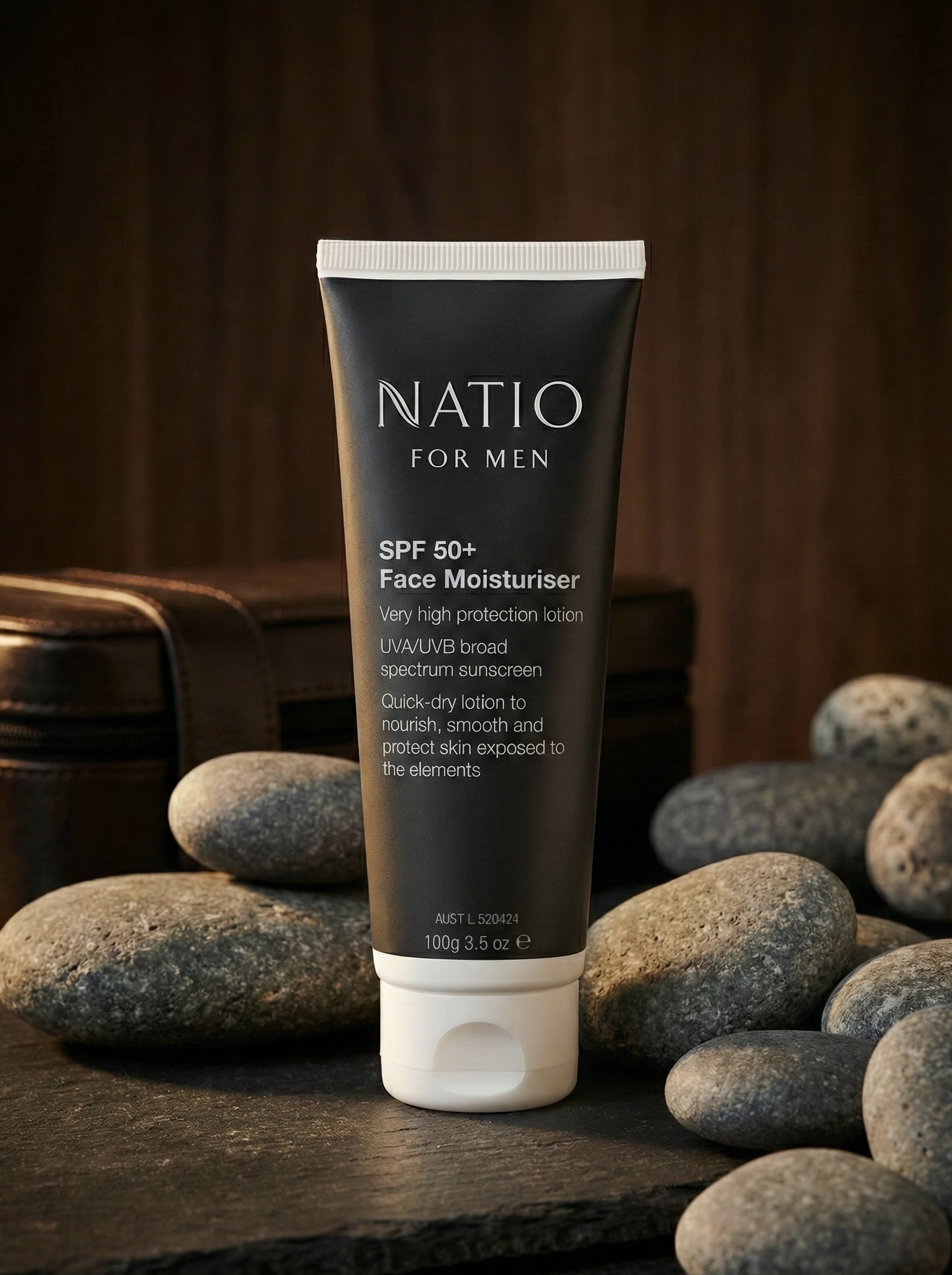 Natio for Men SPF50 moisturiser on river stones