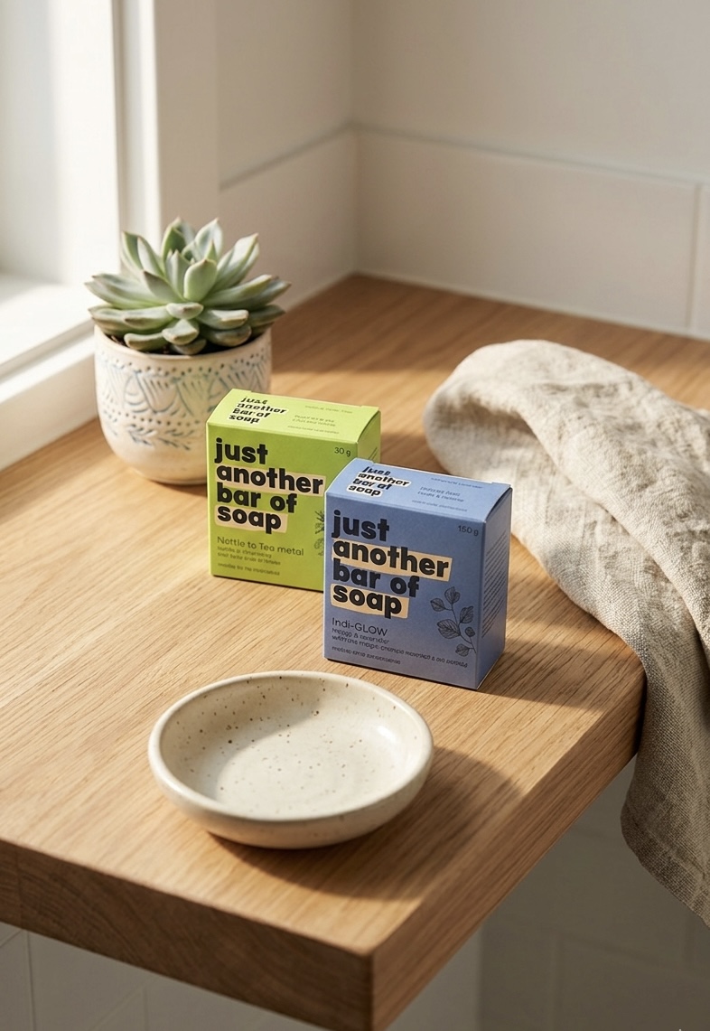 Soap duo on wooden shelf lifestyle shot