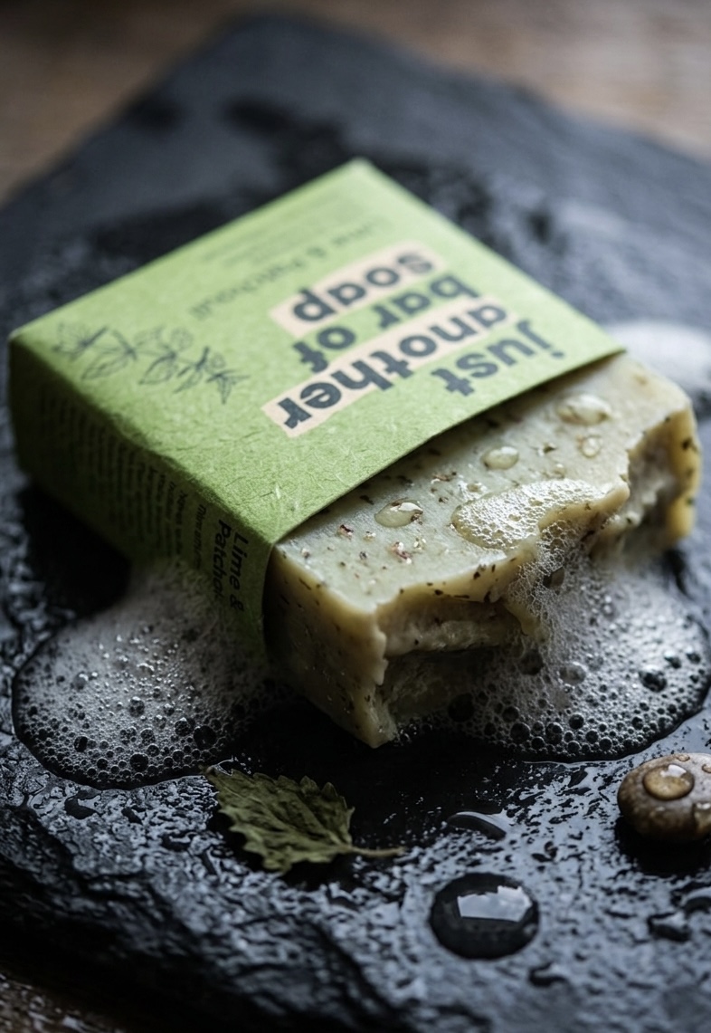 Lime and patchouli soap with wet lather on slate